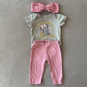 EUC Disney Baby Girl 3pc Outfit Set: Pink Polka Dot Minnie Mouse, 3-6 Months